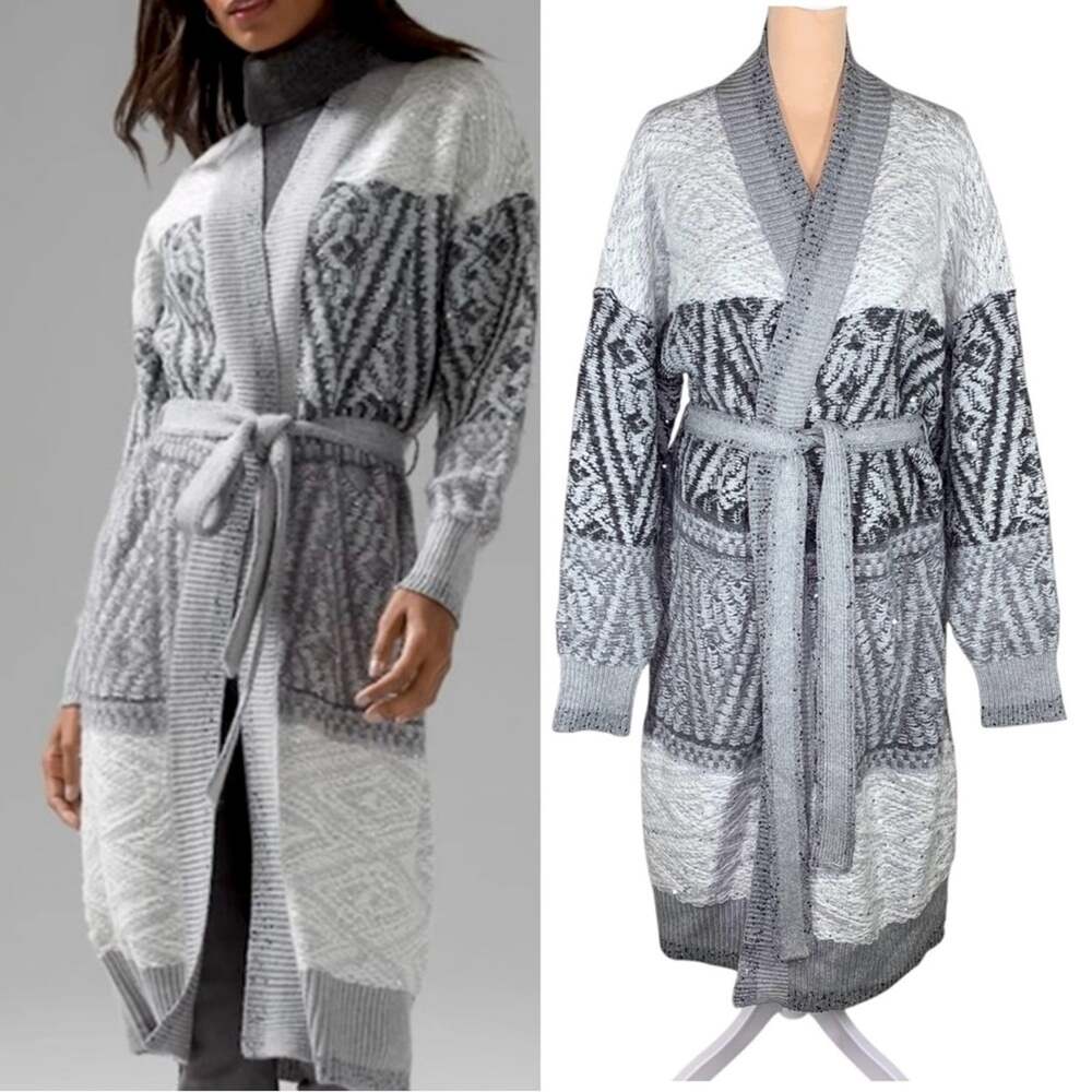 WHBM Duster Cardigan Sweater Coat XL Fair Isle Sequin Belted Ski Chalet Longline